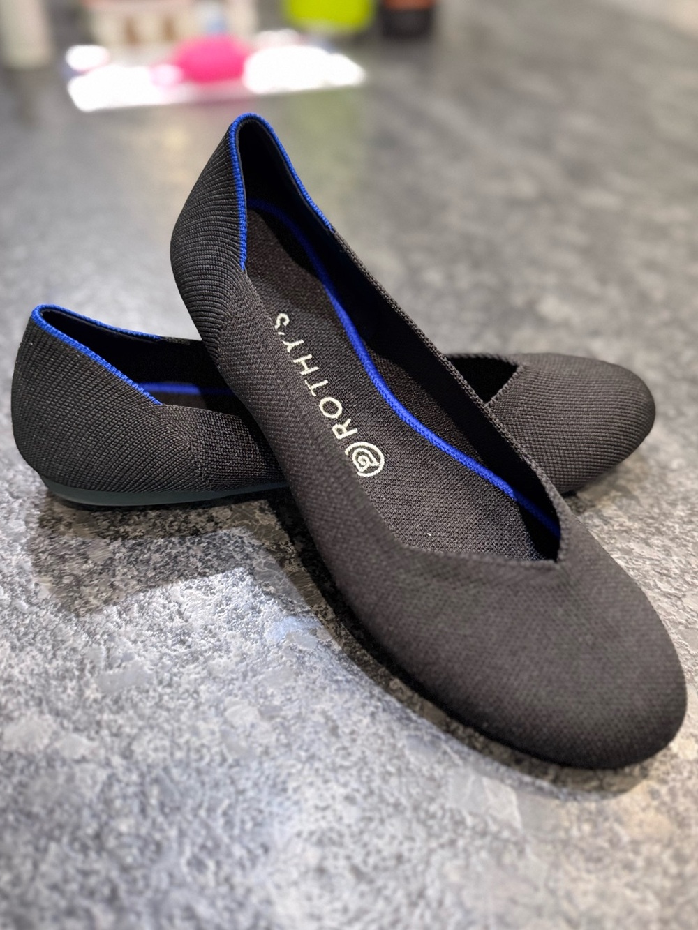 Rothy's Black Knit Flats with Blue Trim